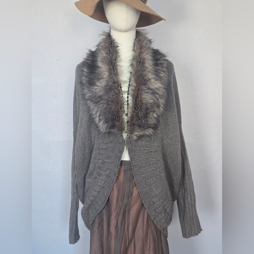 3 Dots Sophie Faux Mink Collar Cocoon Cape Cardigan Oversized Sweater